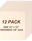 Basswood Sheets 12"X12"X 1/8", 12 Pack Plywood Sheets 3Mm with Smooth Surfaces for Laser Cutting Engraving, Unfinished Wood for Crafts, Wood Burning, Architectural Models, Staining