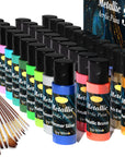 Metallic Acrylic Paint Set of Premium 24 Colors with 12 Brushes,Professional Grade Metallic Paints with Bottles (2Fl Oz 60Ml), Rich Pigments of Non Fading and Toxic Paints for Artist Hobby Painters