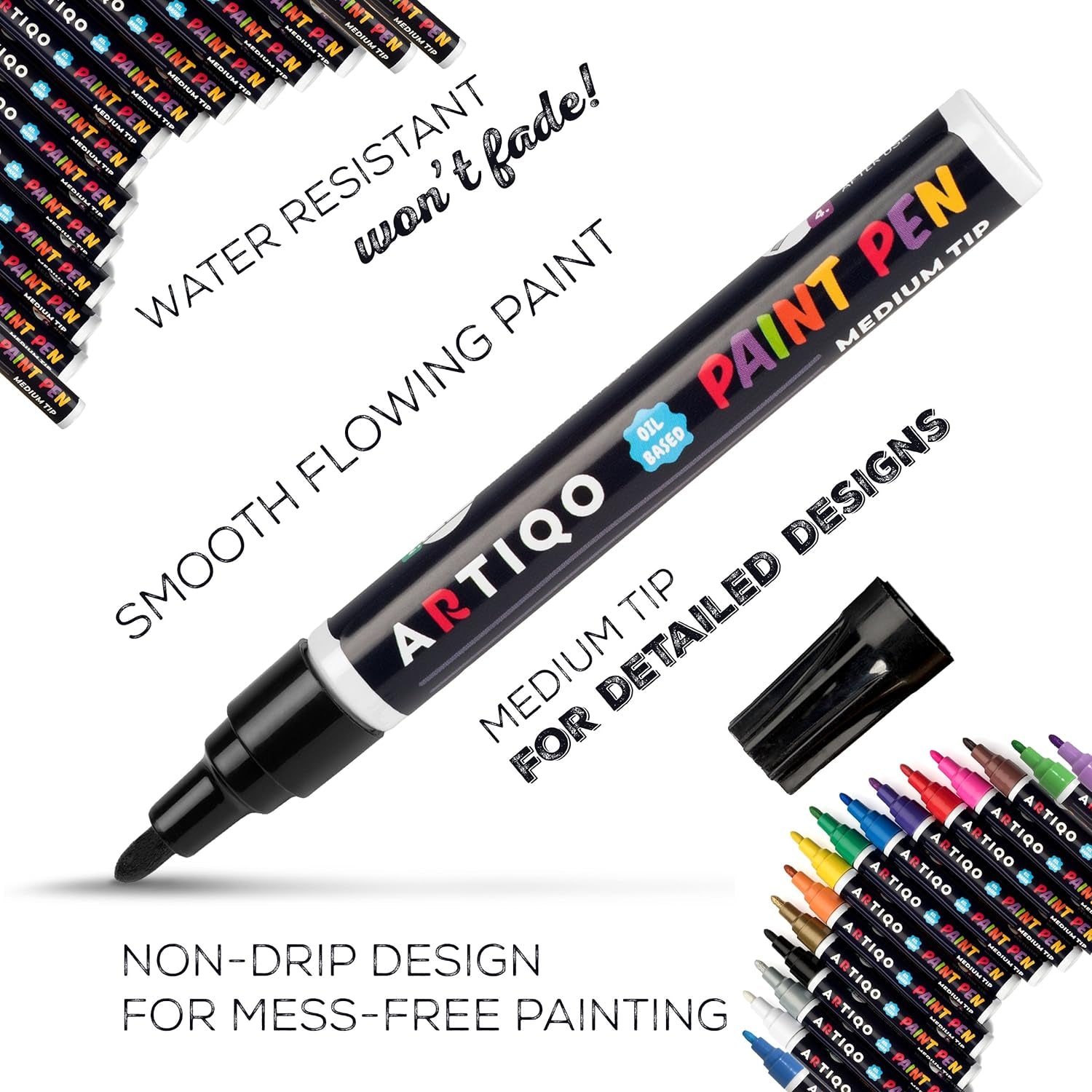 Paint Pens for Rock Painting - Wood, Glass, Metal and Ceramic Works on Almost All Surfaces Set of 15 Vibrant Medium Tip Oil Paint Marker Pens, Quick Dry, Water Resistant