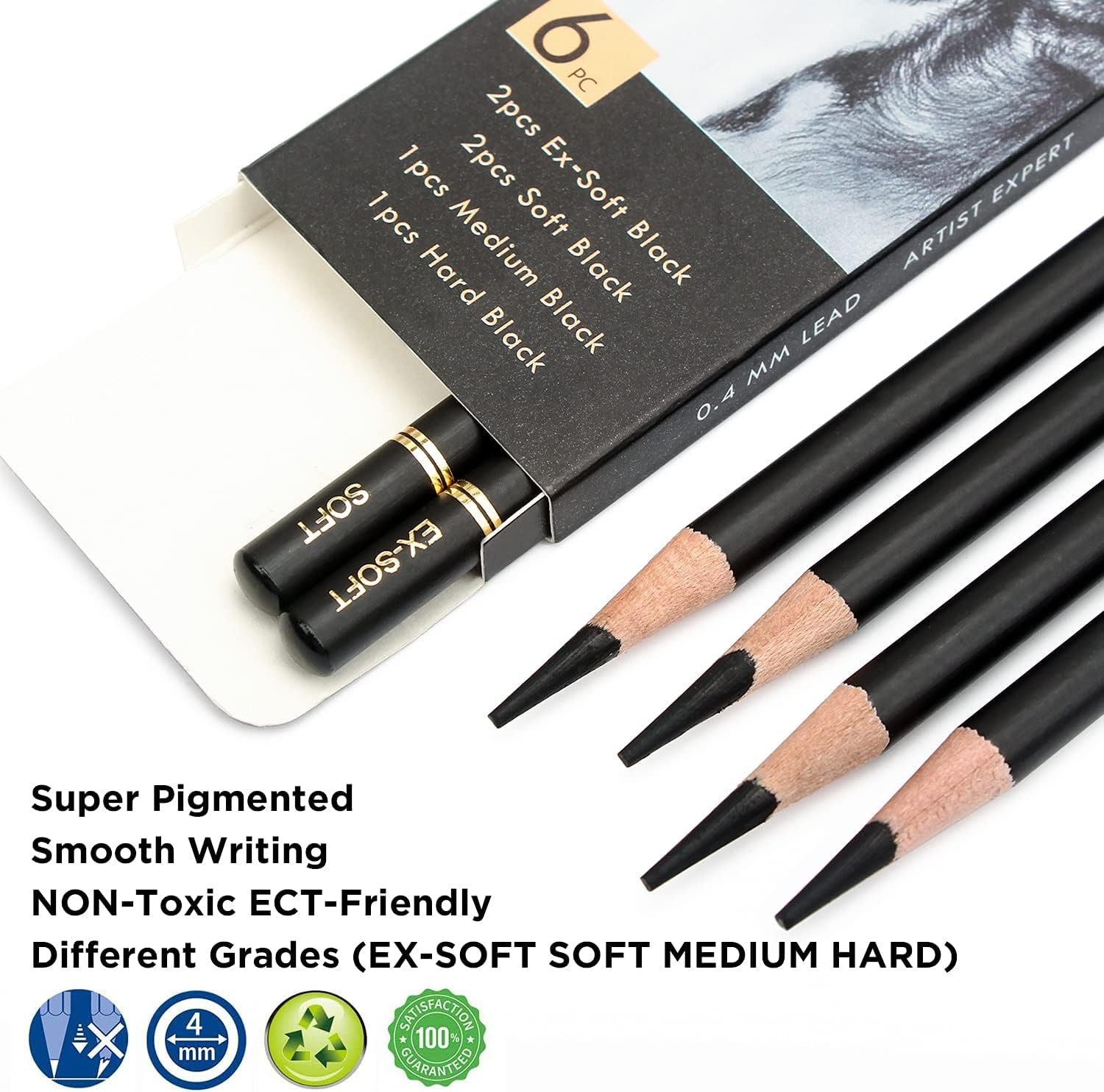 Professional Charcoal Pencils Drawing Set - 6 Pieces Soft Medium and Hard Charcoal Pencils for Drawing, Sketching, Shading
