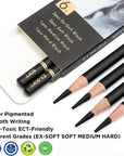 Professional Charcoal Pencils Drawing Set - 6 Pieces Soft Medium and Hard Charcoal Pencils for Drawing, Sketching, Shading