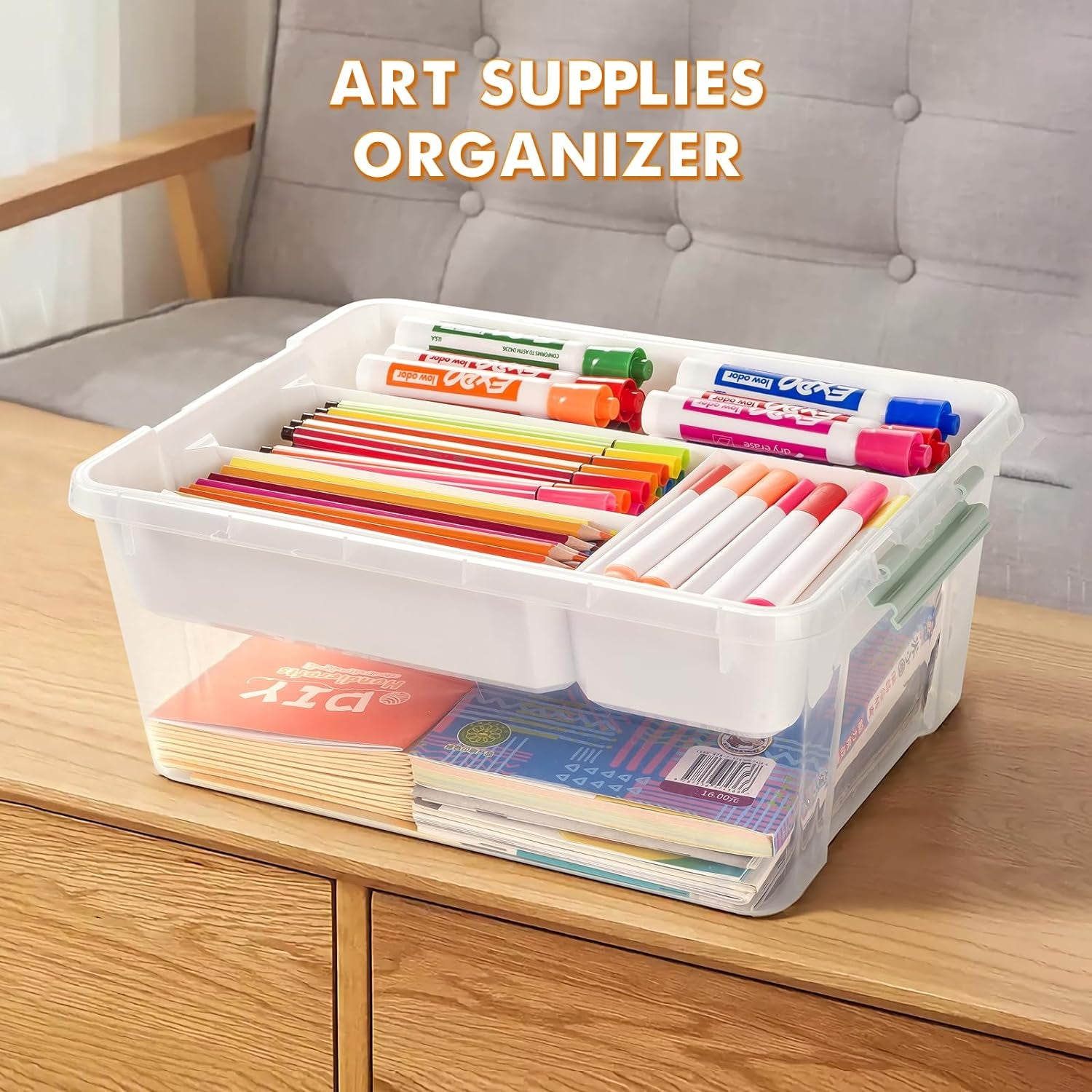 Plastic Storage Box with Removable Tray Caddy, Clear Art Supply Craft Organizers and Storage Bin, Playroom Container Organizer with Lid for Lego, Bead, Crayon, Tool, Sewing, Playdoh, Toy