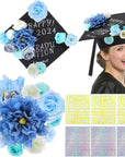 2024 Graduation Cap Decorations Kit - Grad Cap Topper Decor Included 3D Artificial Flowers & Gold and Silver Self-Adhesive Number Letter Stickers & Glue Sticks for DIY (Blue 26 Pcs)