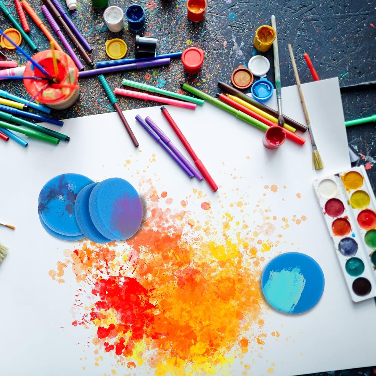 Paint Sponge Applicator 3Pcs,  Black Detail Painting Sponge Double-Side Art Craft round Sponge for Car Waxing, Wall Repairing Kitchen Cleaning Sponges with Storage Mesh Bag (Blue)