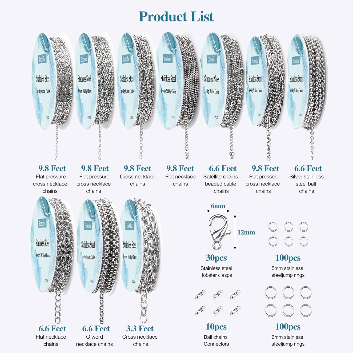 Necklace Chains for Jewelry Making, 78.7 Feet 10 Rolls 304 Stainless Steel Jewelry Chains for DIY Necklace Bracelet Jewelry Making with Stainless Steel Jump Rings/Lobster Clasps/Connectors