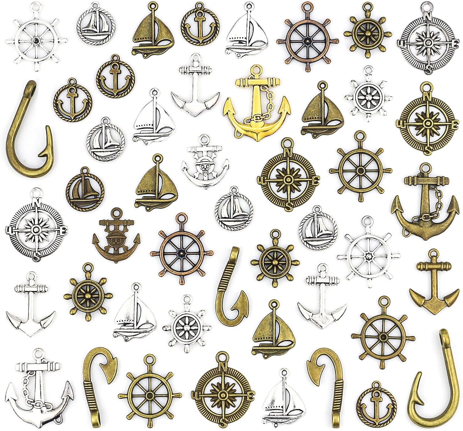 Nautical Anchor Rudder Helm Compass Charms, 100 Grams Mixed Ship Anchor Wheel Pendants Beads Charms for DIY Necklace Bracelet Jewelry Making Accessories