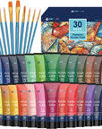 Acrylic Paint Set 30 Colors Craft Paints in Tubes with 10 Art Brushes Rich Pigment for Artists Beginners Kids Painting on Canvas Wood Fabric Crafts, 36Ml/Tube