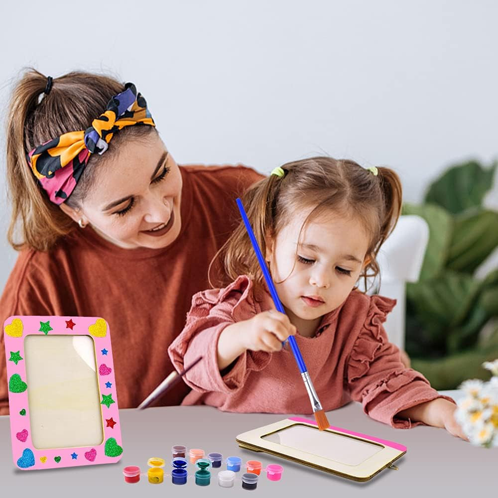 Picture Frame Painting Craft Kit, 5 Packs 6 X 8 Inch DIY Wooden Photo Frames with Stand & Clear Protector, Painting Tools Set, Eva Stickers for Father Day Gift, Kids Craft, Paint and Decorate
