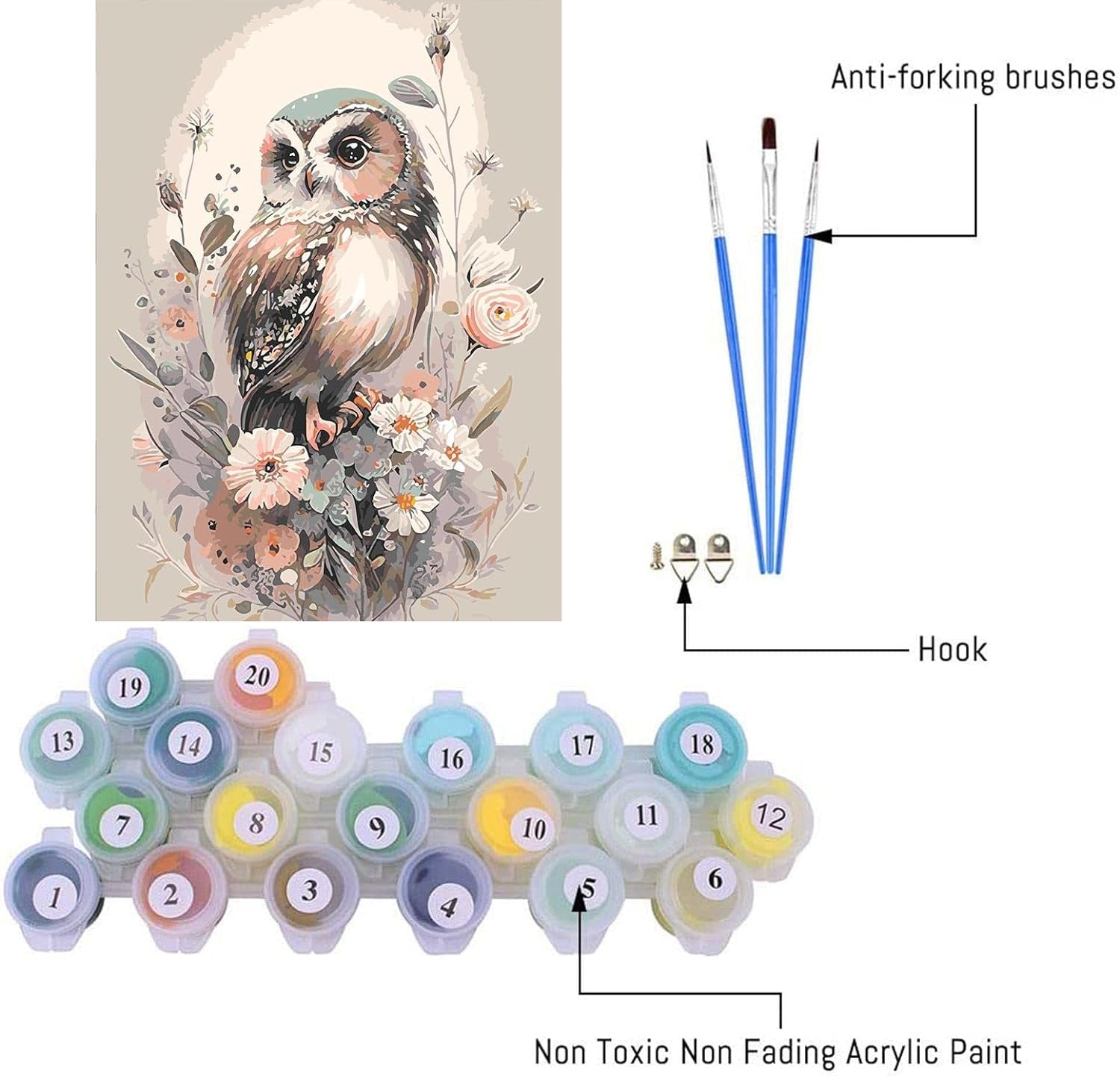 Owl Paint by Number for Adult Kit, DIY Acrylic Paint by Numbers for Adults Beginner, Owl and Flowers Oil Painting by Number on Canvas for Home Wall Decor 16X20Inch