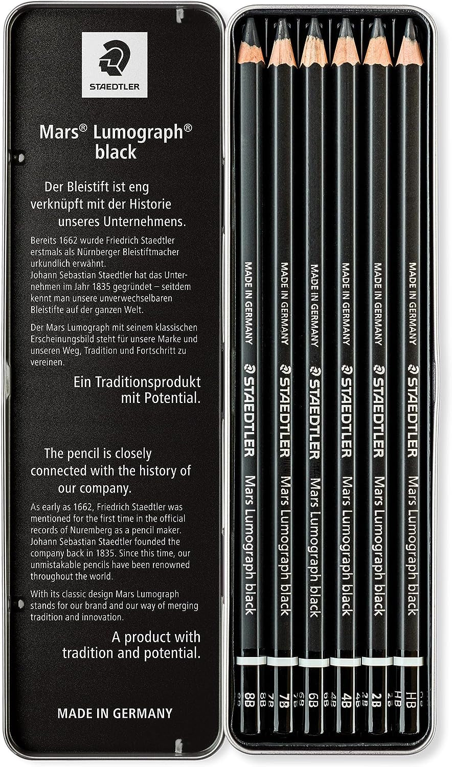 Mars Lumograph Black, Carbon Blend Provides Jet Black Lines, Professional Art Pencils, Tin of 6 Assorted Black Sketch Pencils, 100B G6