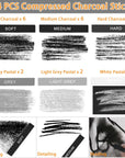 24 Pcs Compressed Charcoal Sticks with Soft, Medium, Hard and White Charcoal - Premium Drawing Charcoal Kit for Drawing, Sketching and Shading - Art Supplies for Artists Beginners