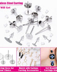 Earring Posts and Backs, 700Pcs Stud Earring Making Kit with 300Pcs Stainless Steel Earring Posts and 400Pcs Earring Backs, Earring Supplies Kit for DIY Earrings and Jewelry Making