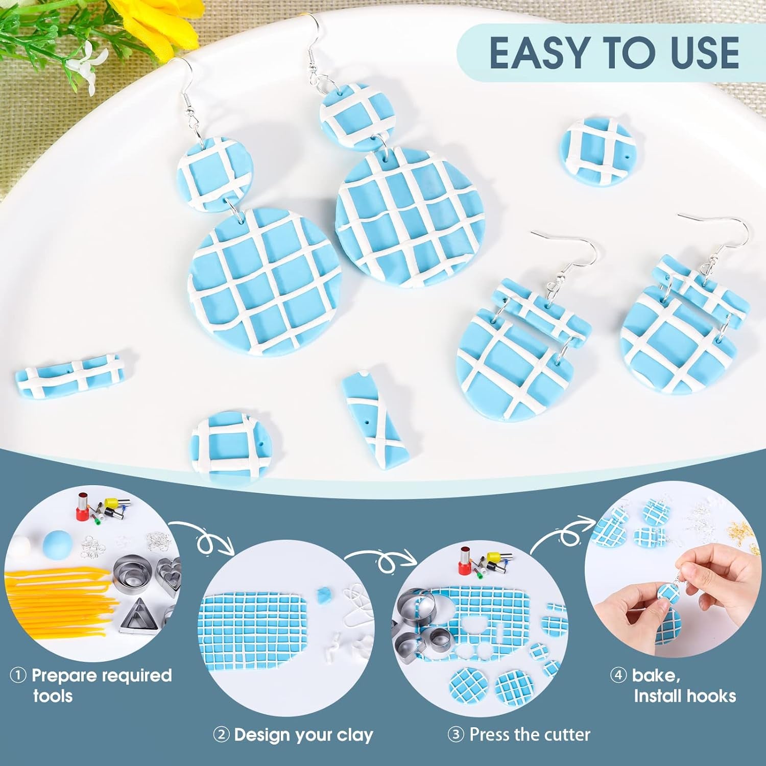Polymer Clay Earrings Making Kit with 32Pcs Polymer Clay Cutters, 24Pcs Oven Bake Clay, 30 Set Earring Rings&Hooks, Modeling Clay Jewelry Making Kit for Teen Girls