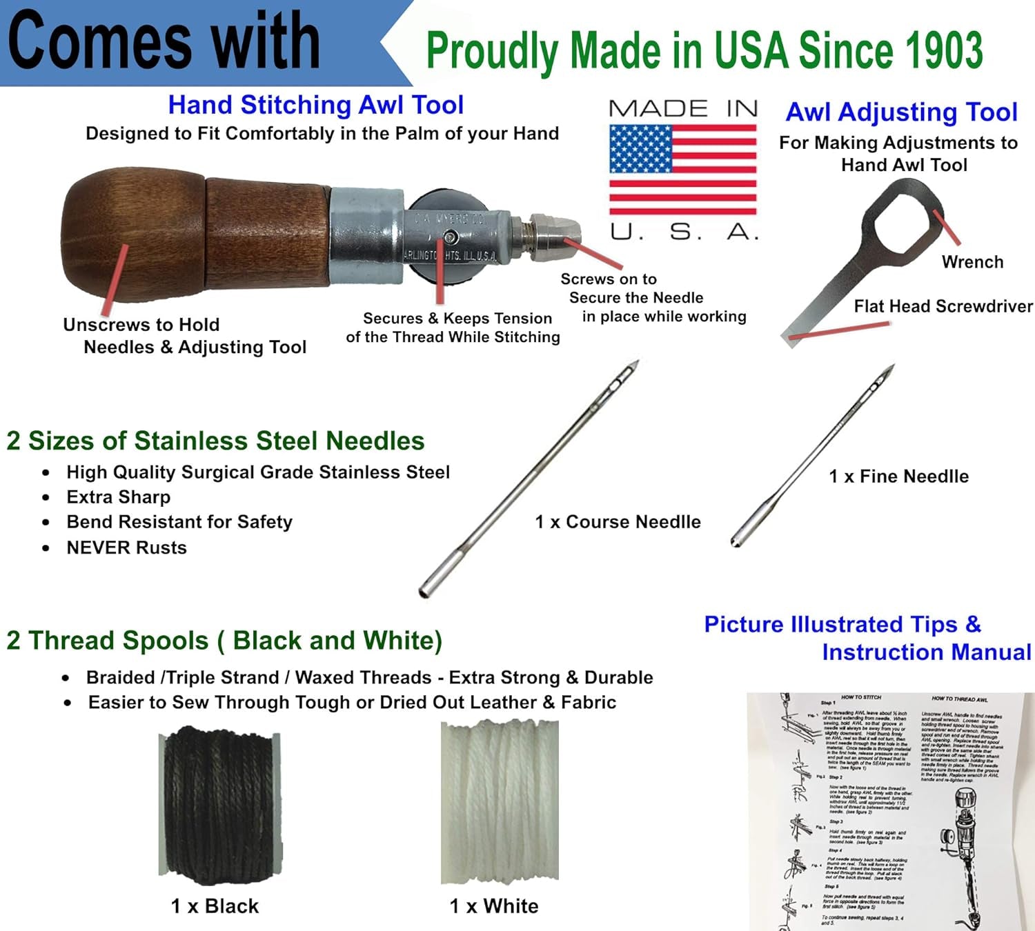 Repair Stitch Tool | Made in USA | Sewing Awl for Bounce Houses, Inflatables, Leather, Thick Fabric, Shoes, Bags, Belt, Upholstery Repair Kit & Crafts Leather, Tarp Stitching. Professional Heavy Duty