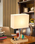Desk Lamp with 3 USB Charging Ports, Table Lamp with 2AC Outlets and 3 Phone Stands, Nightstand Bedside Lamp with Natural Wooden Base and Cream Linen Shade
