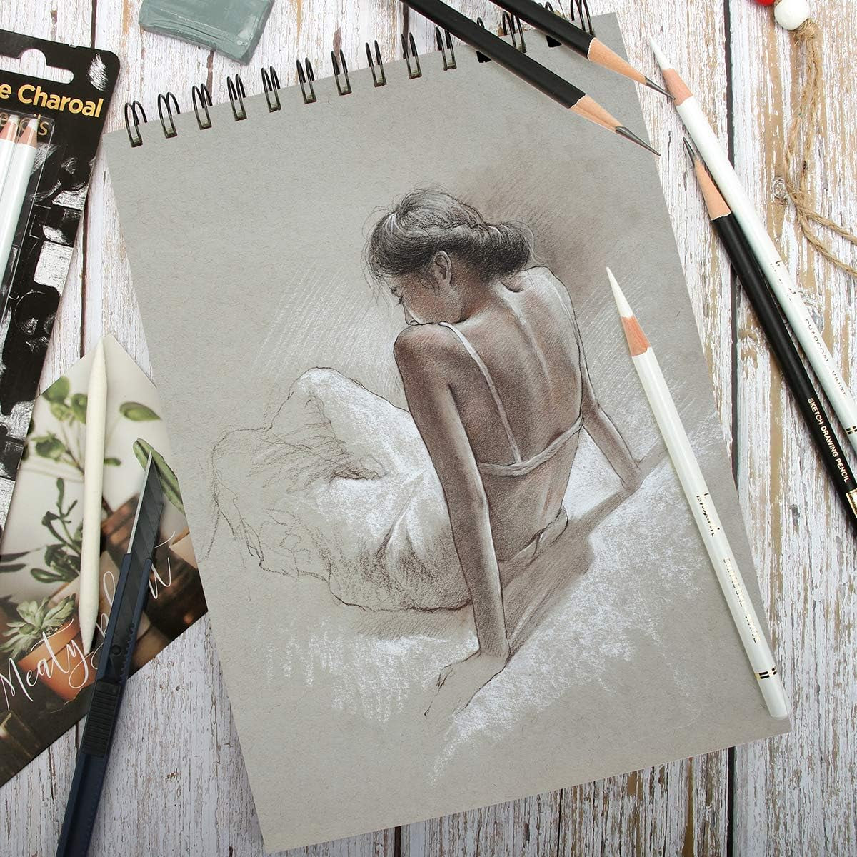 Professional White Charcoal Pencils Set -  3 Pieces Sketch Highlight White Pencils for Drawing, Sketching, Shading, Blending, White Chalk Pencils for Beginners & Artists