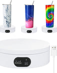 Exhibition Stand for Sublimation Tumbler, 360° Automatic Mute Rotating Revolving Platform 12Oz, 20Oz&50Oz Heat Press Blanks Tumblers Skinny Straight, Cup(White), White-01 (ZT-001)