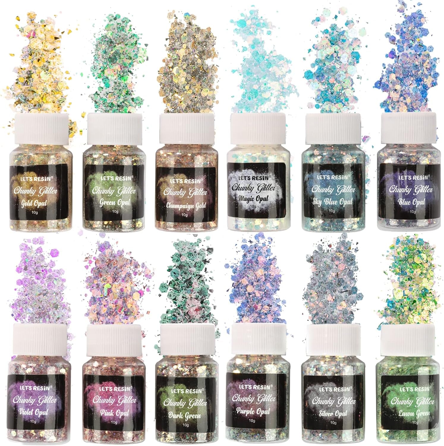 Opal Chunky Glitter for Resin, 12 * 10G Craft Powder for Tumblers/Slime, Iridescent Chameleon Glitter Sequins Festival Decor(Each 0.35Oz)
