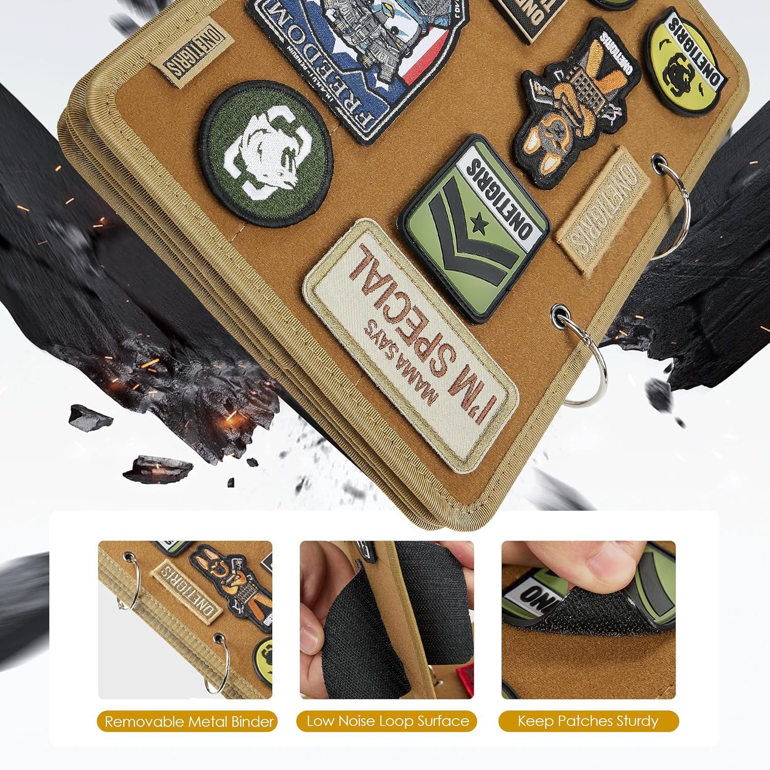 Patch Display Board, Flip-Page Patch Book with Metal Removable Ring Binders, Tactical Patches Booklet Organizer for Patch, Military Patch Collections(No Patches Included), Coyote Brown