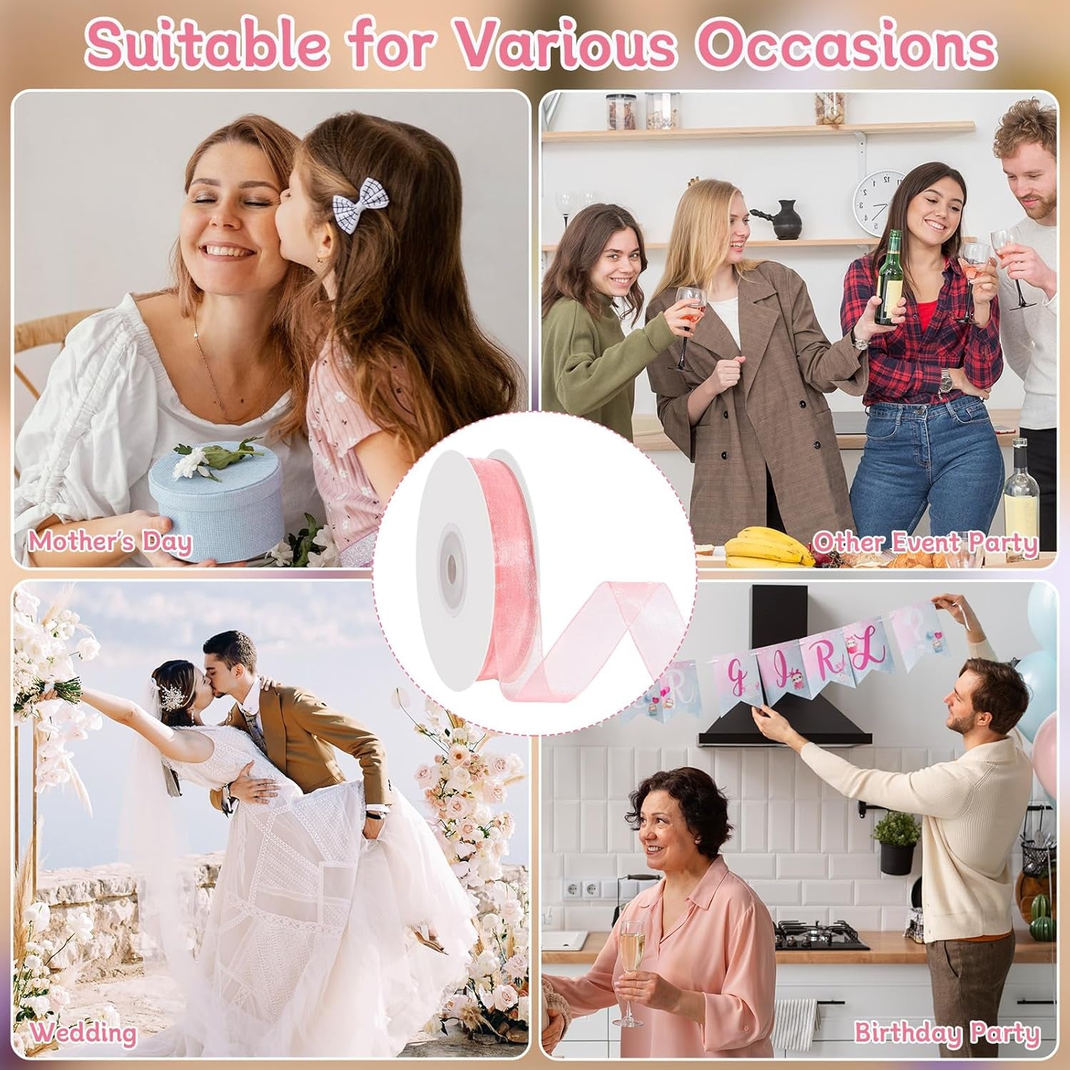 Pink Sheer Ribbon, 100 Yards 1 Inch Pink Organza Chiffon Tulle Ribbon for Gift Wrapping Crafts Flower Bouquet Wedding Invitation Party Home Decoration