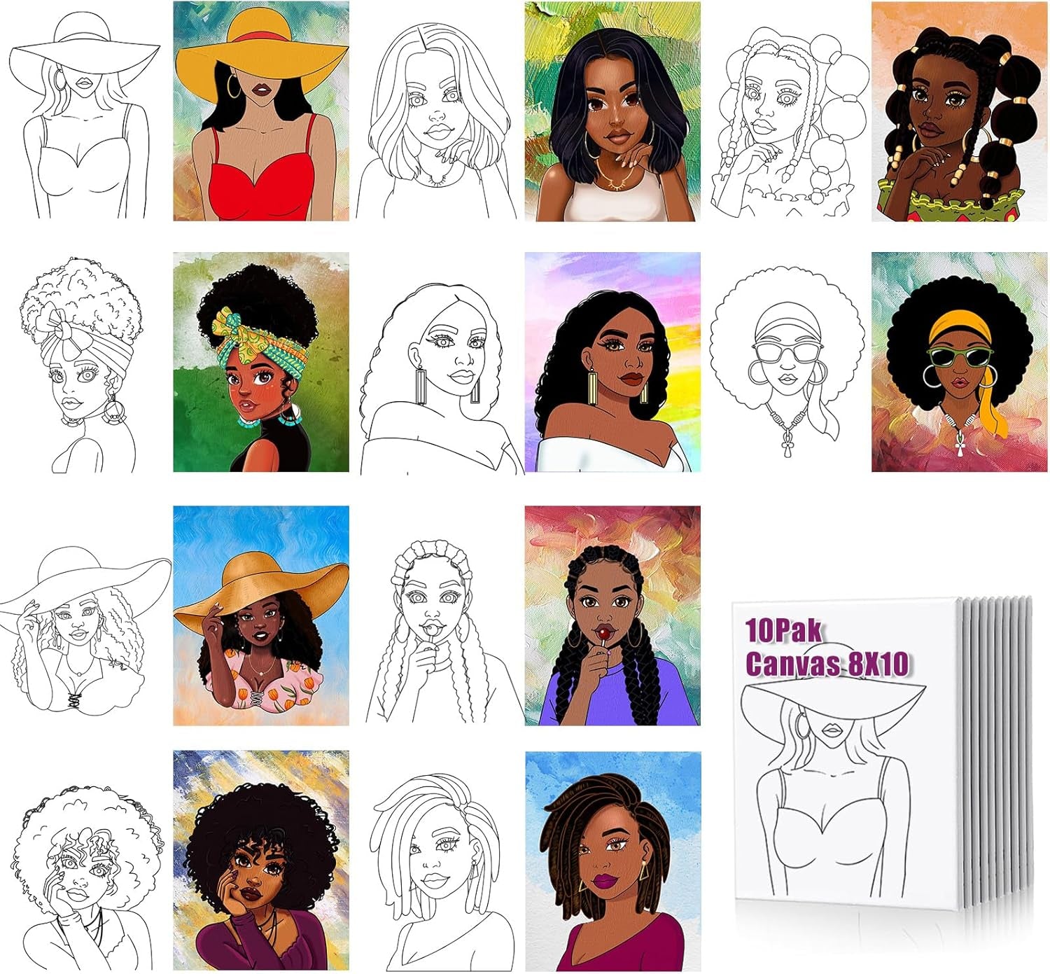 Pre Drawn for Painting for Adults 10 Pack 8X10 without Frame Sip and Paint Canvas,Drawn Canvas for Painting for Adults Kids,Sip and Paint Kit for Adult'S Date Night