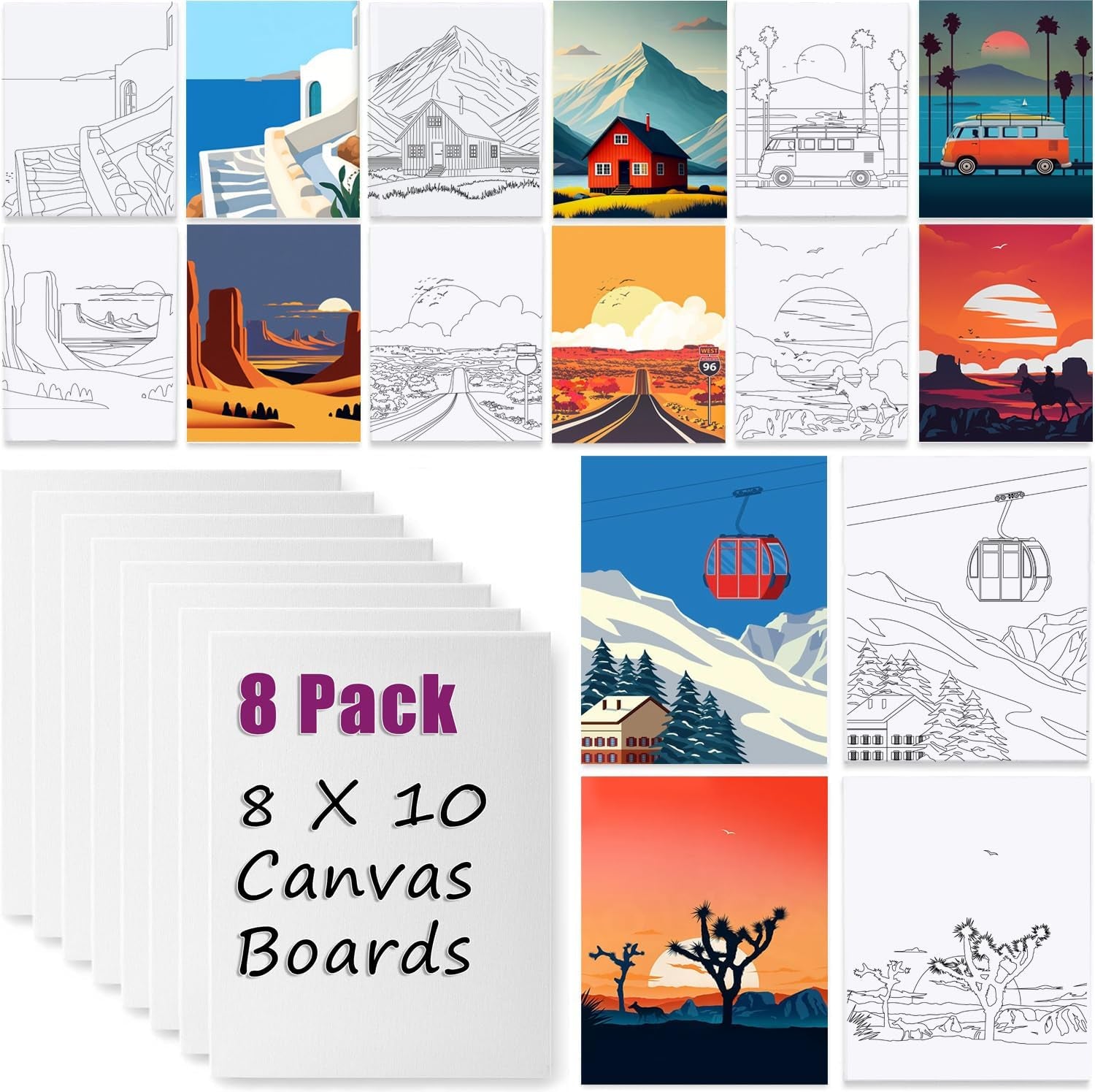 Pre Drawn for Painting for Adults 10 Pack 8X10 without Frame Sip and Paint Canvas,Drawn Canvas for Painting for Adults Kids,Sip and Paint Kit for Adult'S Date Night