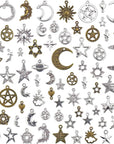 Celestial Mixed Sun Moon Star Charms, Wholesale Bulk Lots Antique Alloy Charms Pendants DIY for Necklace Bracelet Jewelry Making and Crafting, 100G(74Pcs)