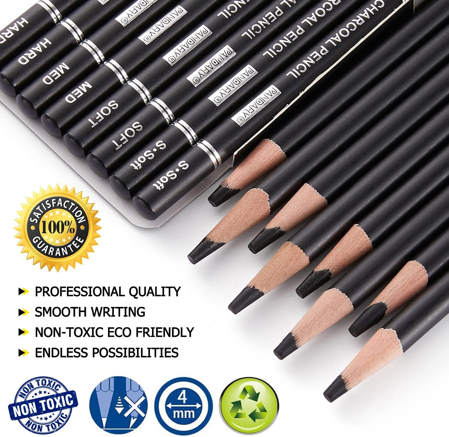 Professional Charcoal Pencils Drawing Set - 8 Pieces Soft Medium and Hard Charcoal Pencils for Drawing, Sketching, Shading