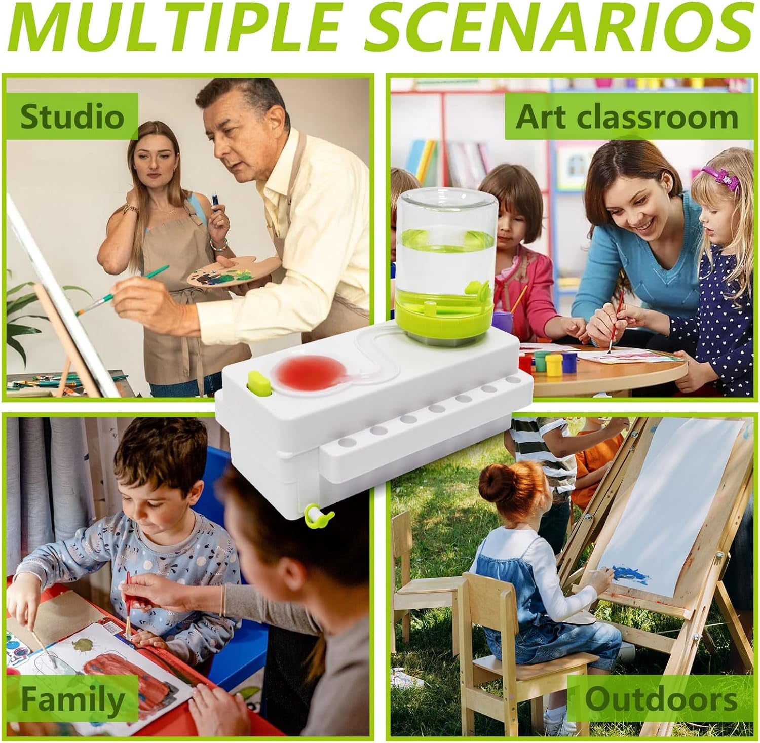 Paint Brush Cleaner, Brush Rinser with Drain and Brush Holder, Upgrade Water Circulation Paintbrush Cleaner Rinser for Acrylic, Watercolor, Water-Based Art Supplies Paint Brush Cleaner Tool, Green