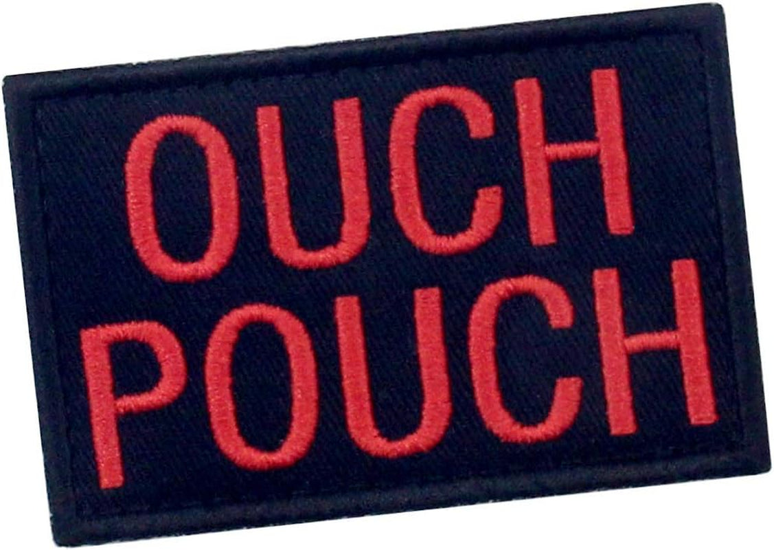 Ouch Pouch Embroidered Patch Tactical Moral Applique Fastener Hook & Loop Emblem, Red & Black
