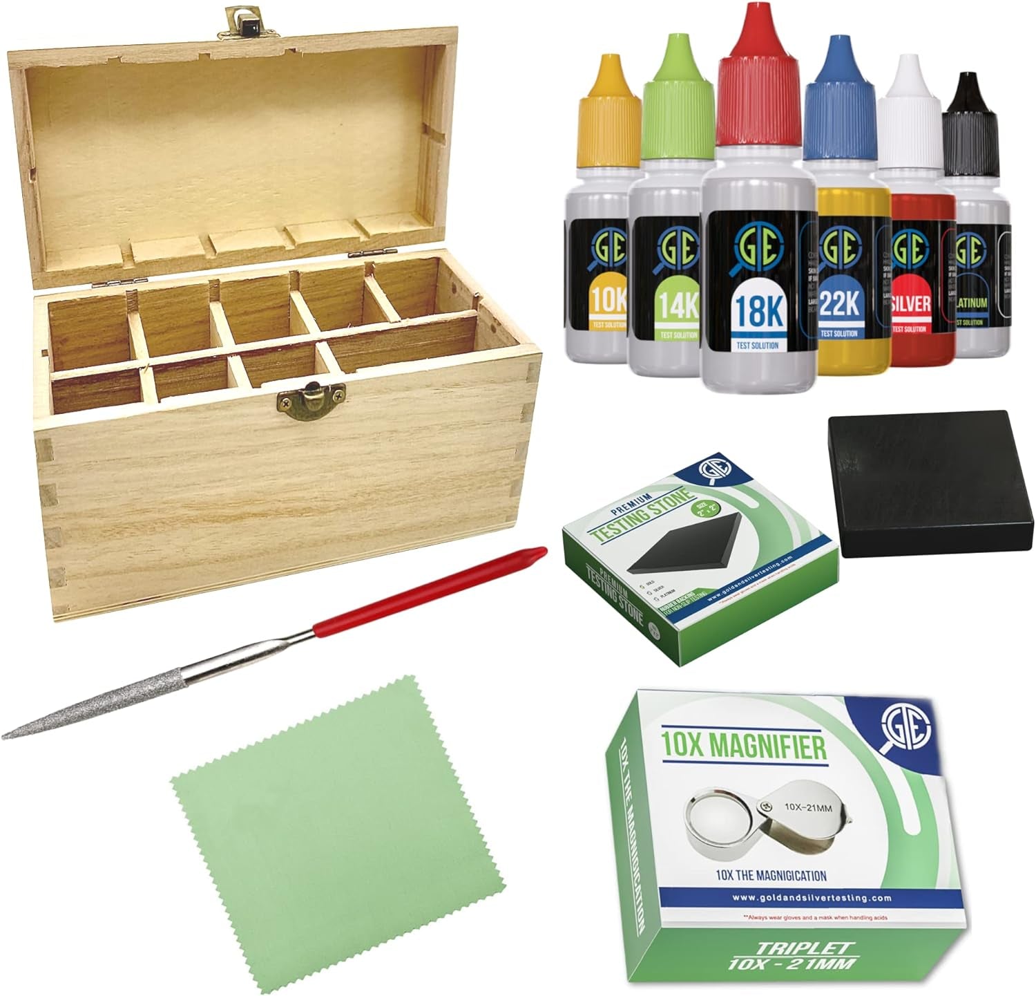Precious Metal Jewelry Testing Kit Gold Silver Platinum Test Acids Wooden Box 30X Eye Loupe 10K 14K 18K 24K Needle File Cloth Acid