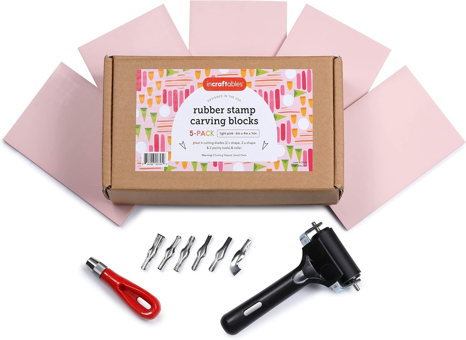 Rubber Stamp Kit (5-Pack). Linoleum Block Kit with Cutting Blades Tools (6Pcs). Block Printing Kit (6In X 4In X ¼ In) Light Pink Color. Best Carving DIY Stamp Making Kit for Printmaking