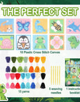 10-In-1 Cross Stitch Beginner Kit for Kids, Embroidery Kit Includes 10Pcs Plastic Mesh Canvas with Pattern, 15 Yarns, 5 Weaving Needles, Needle Points Starter Kit Sewing Set with Instructions