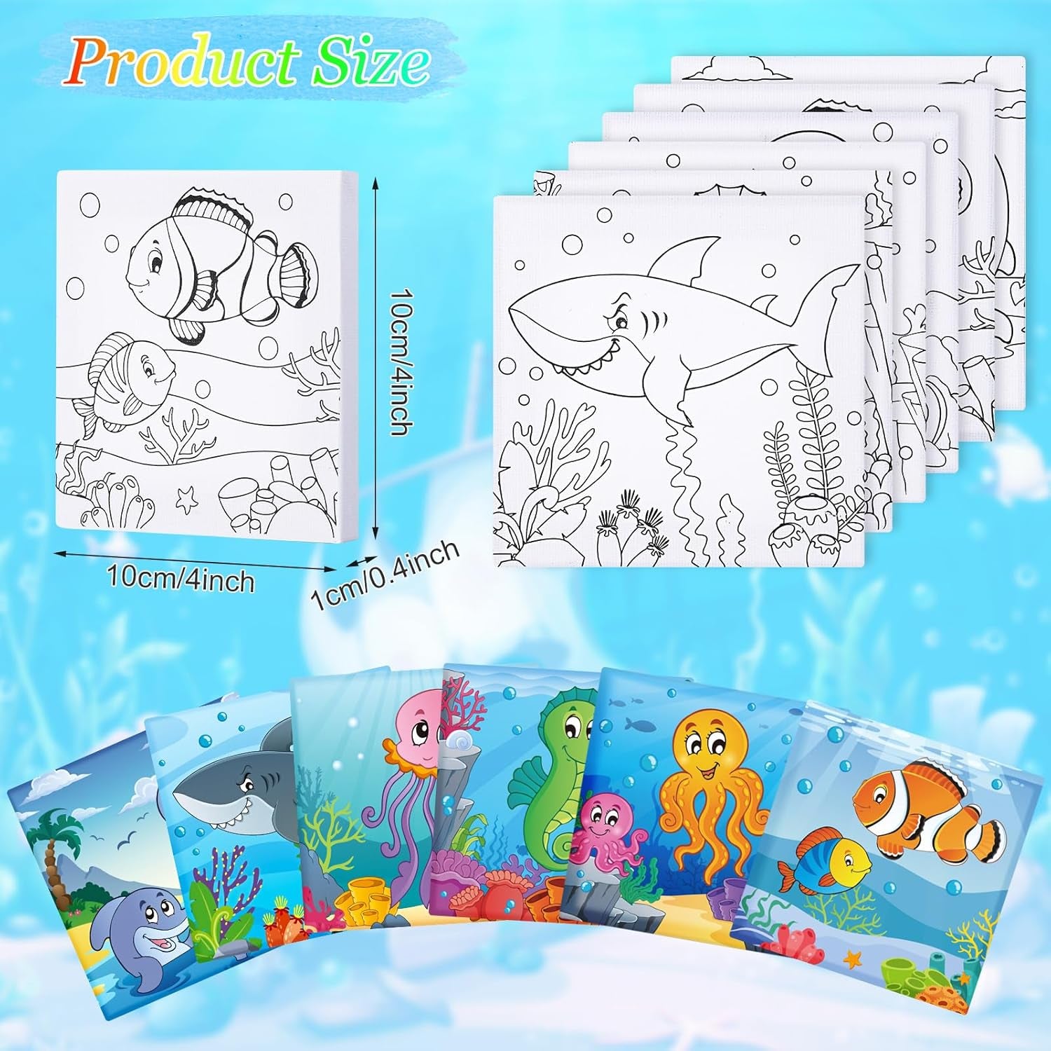 Meanpla 12 Pcs Back to School Pre Drawn Outline Canvas 4'' X 4'' Pre Drawn Stretched Canvas Painting Boards for Painting Art Party Favor for Student Kids First Day of School (Marine Animal Style)