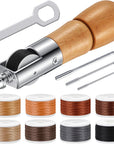 12 Pieces Leather Sewing Awl Hand Stitcher with Craft Accessories Set, Hand Awl Tool, 3 Sizes Needles and Replacement Spools of Thread, Stitching Awl Tool Kit (Multicolor)