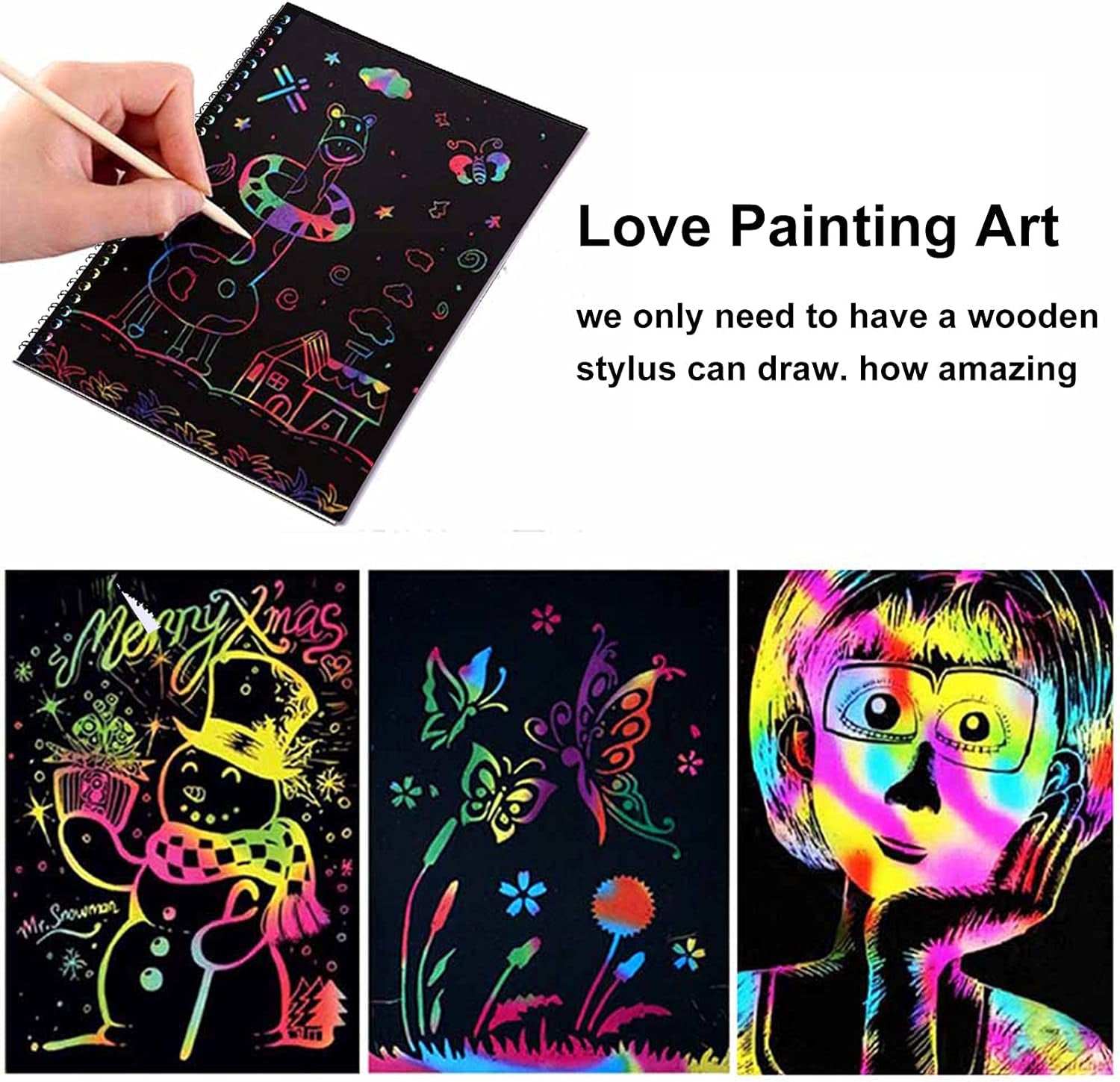 Scratch Art Books for Kids, 2 Pack Rainbow Magic Scratch Paper Black Scratch It off Art Crafts Notes Boards Sheet with 2 Wooden Stylus for Best Gifts