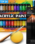 Complete Acrylic Paint Set – 24Х Rich Pigment Colors – 12X Art Brushes with Bonus Paint Art Knife & Sponge – for Painting Canvas, Clay, Ceramic & Crafts, Non-Toxic & Quick Dry – for Kids & Adults
