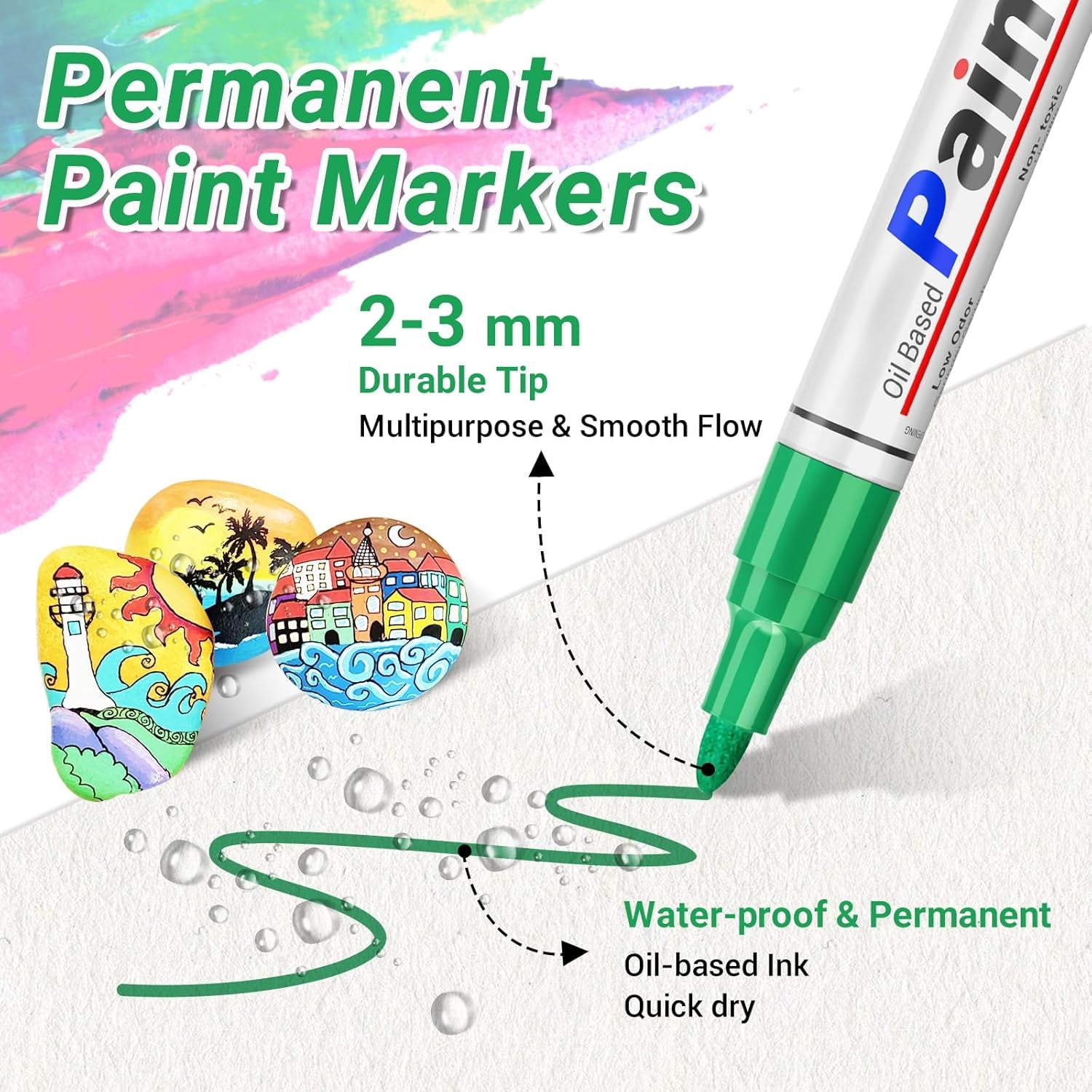 Oil Based Paint Pen, Permanent Paint Marker: Quick-Dry, Waterproof Paint Set of 12 for Rock Painting, Glass, Fabric, Ceramic, Wood, Metal, Mug, Plastic, Stone, Christmas Stencil Art Craft Supplies Kit