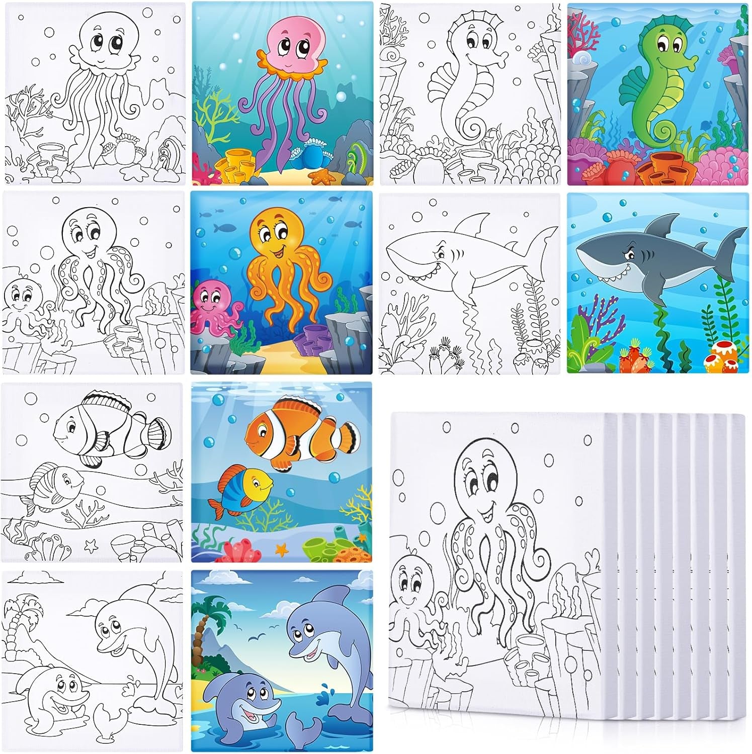 Meanpla 12 Pcs Back to School Pre Drawn Outline Canvas 4'' X 4'' Pre Drawn Stretched Canvas Painting Boards for Painting Art Party Favor for Student Kids First Day of School (Marine Animal Style)