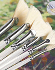 Fan Brush Set - Hog Bristle Natural Hair - Artist Soft Anti-Shedding Paint Brushes for Acrylic Watercolor Oil Painting, Long Wood Handle with Case, Set of 6
