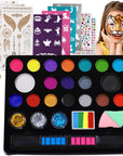 18 Colors Face Painting Kit for Kids - Water Based Pro Washable Kids Face Paint with Brushes, Glitters, Hair Chalks,Tatto Stickers,Sponges,Gems,Stencils for Halloween Party Cosplay