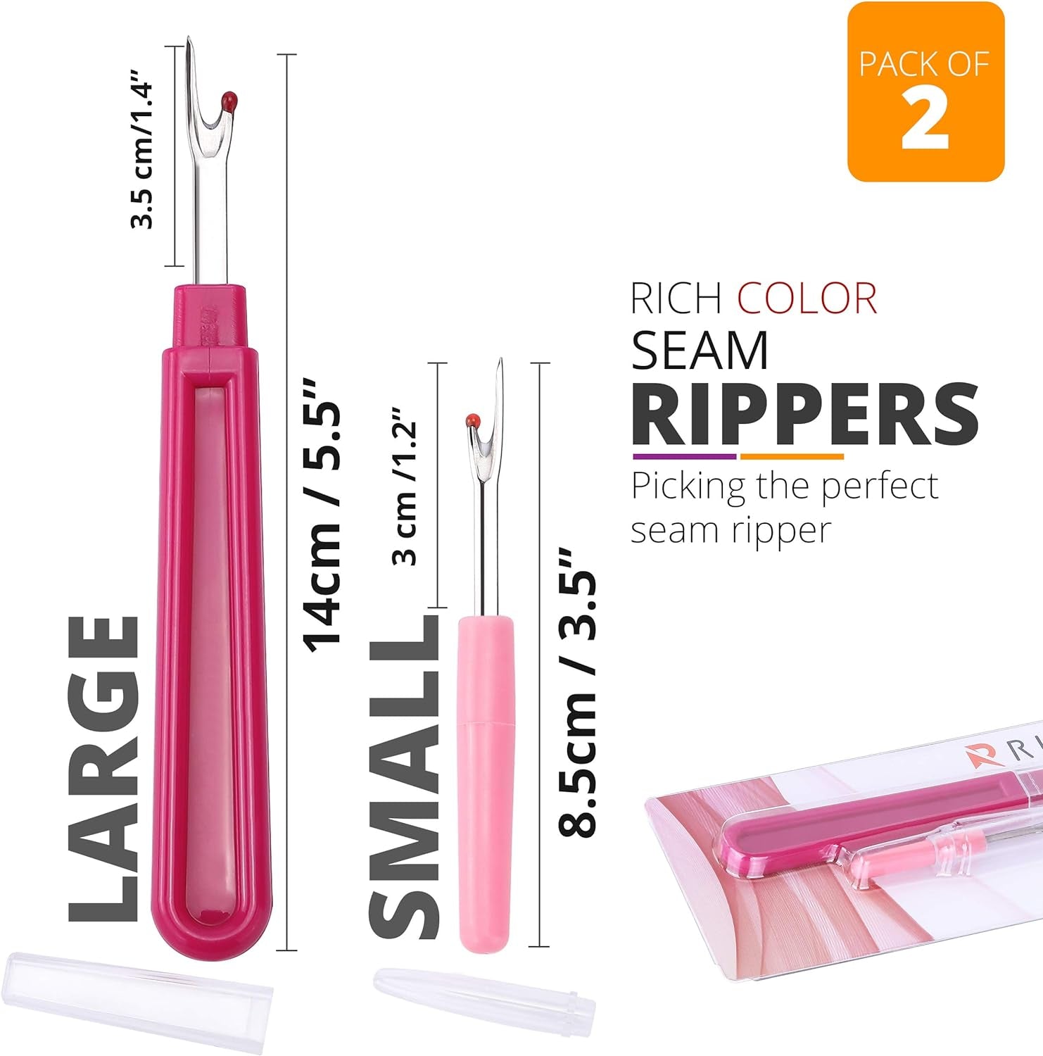 Seam Ripper 2 Pack - Thread Cutter and Threadripper for Crafting Notions & Quilting - Seam Rippers for Sewing, Unpicker Sewing Accessories and Supplies for Needlework, DIY Craft