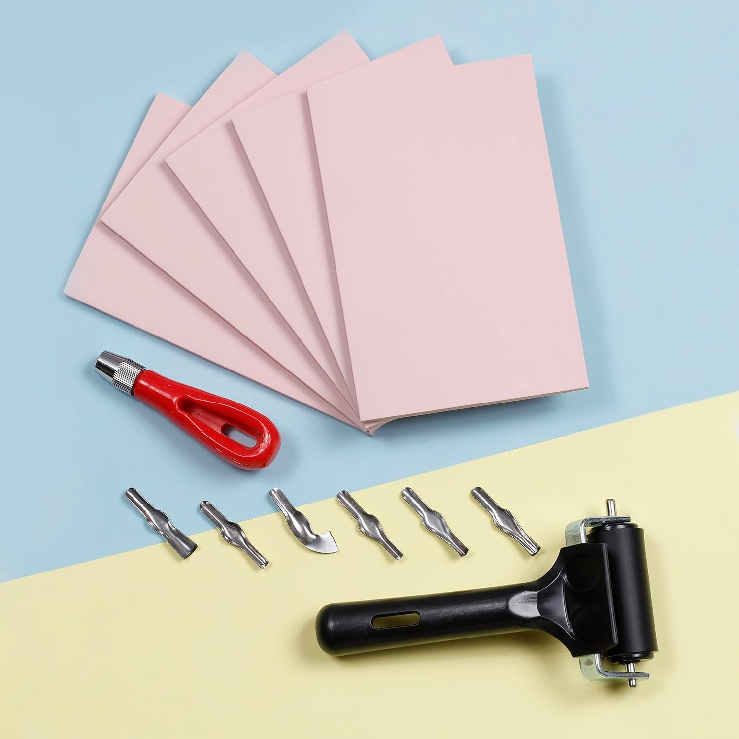 Rubber Stamp Kit (5-Pack). Linoleum Block Kit with Cutting Blades Tools (6Pcs). Block Printing Kit (6In X 4In X ¼ In) Light Pink Color. Best Carving DIY Stamp Making Kit for Printmaking