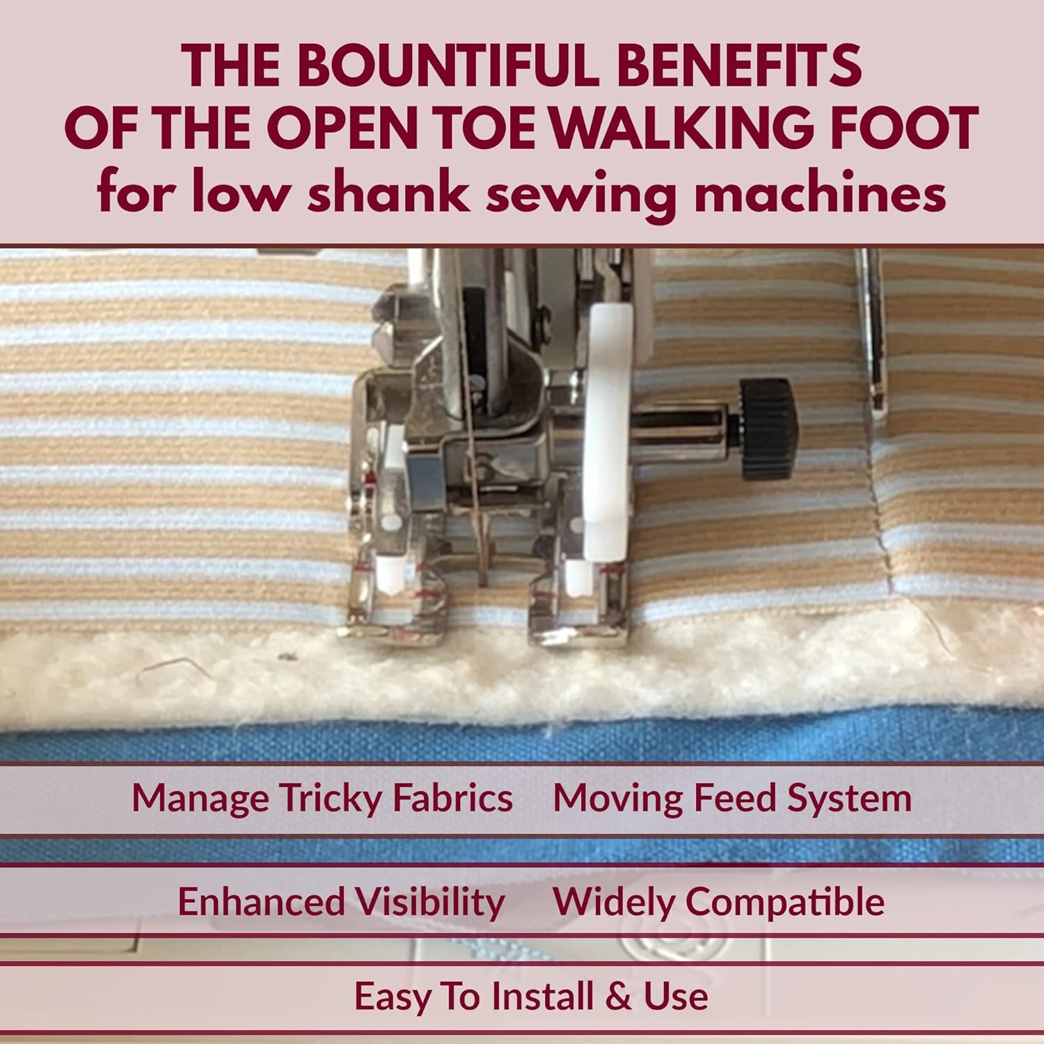 Open Toe Walking Foot for Quilting and Sewing | Stitch through Multiple Layers & Match Prints | Compatible with Most Low-Shank Sewing Machine Models | Brother, Singer, Janome, Babylock, More