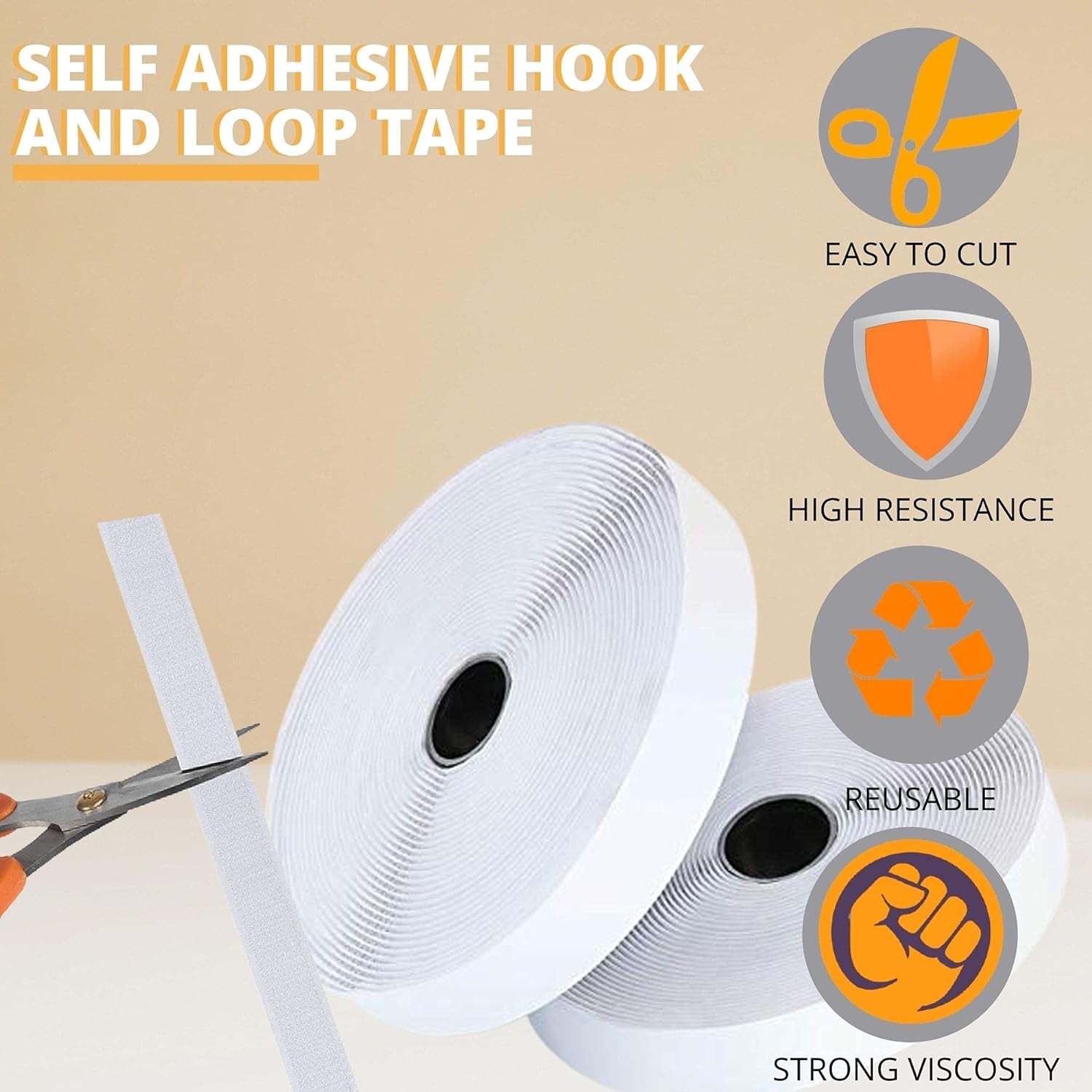 Office Werks 3/4 Inches Wide Hook and Loop Self Adhesive Tape Roll, Heavy Duty Strips, 16 Feet Long Sticky Back Fastener Self-Adhering Performance Flexible Breathable Wrap Tape (White)
