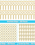 Keychain Rings Kit for Crafts Gold,  Includes 100Pcs Split Key Ring with Chain, 100Pcs Jump Rings and 100Pcs Screw Eye Pins for Resin Keychain Making