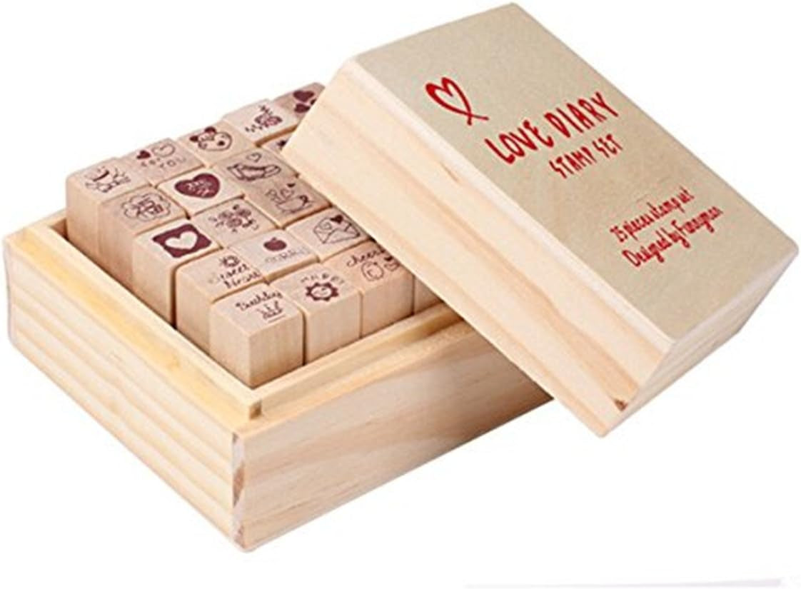 Pack of 25 Pcs Small Heart Shape Wooden Rubber Stamps with Box for DIY Craft Card and Photo Album (Red)