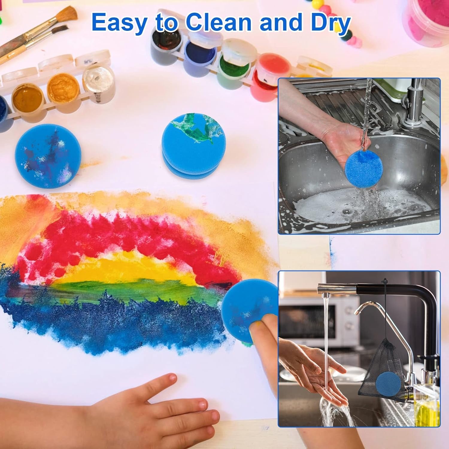 Paint Sponge Applicator 3Pcs,  Black Detail Painting Sponge Double-Side Art Craft round Sponge for Car Waxing, Wall Repairing Kitchen Cleaning Sponges with Storage Mesh Bag (Blue)