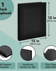 12X12 Hardcover Scrapbook - Blank Wedding Guest Book, DIY Photo Album, Black Spiral Bound Cardboard Cover Sketchbook for Kids Craft, Diary Journal - Square - 40 Sheets