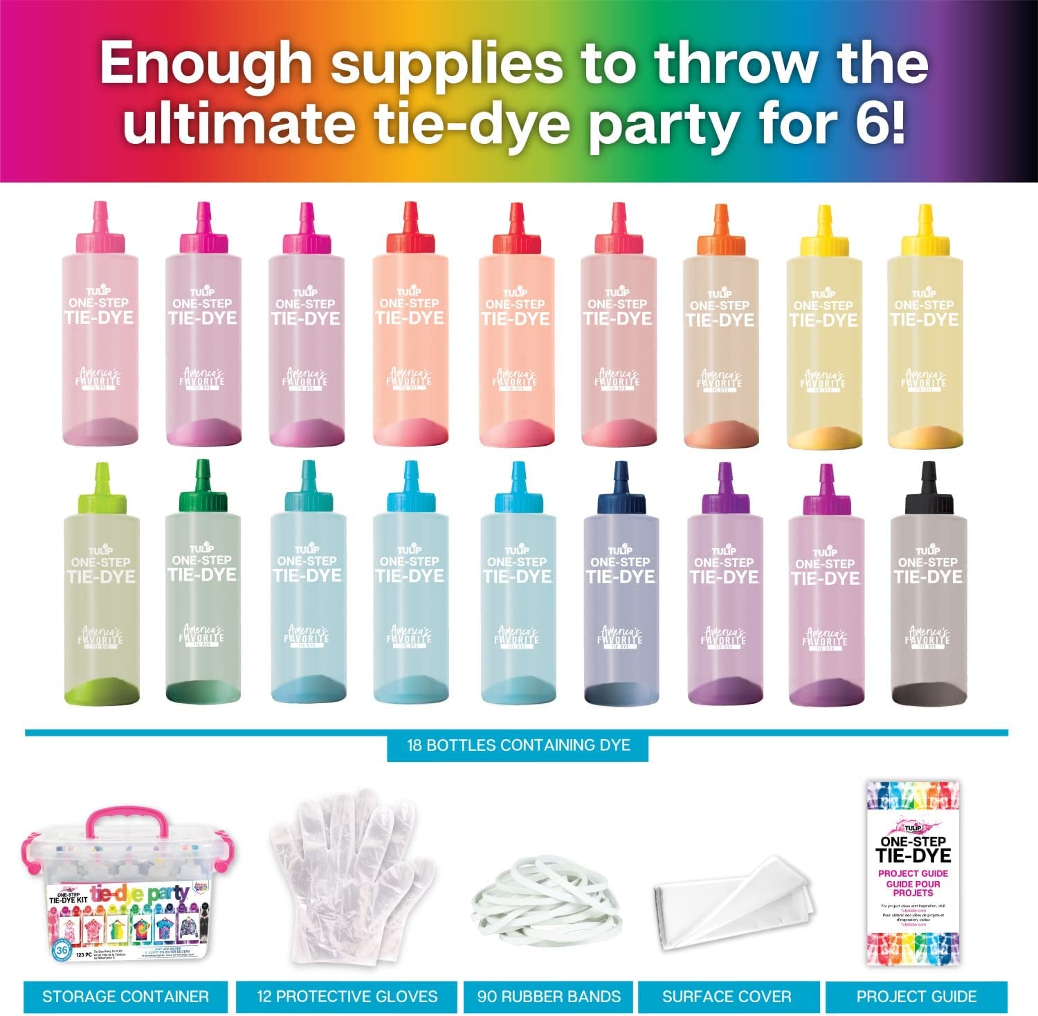 One-Step Tie-Dye Party, 18 Pre-Filled Bottles, Creative Group Activity, All-In-1 Fashion Design Kit, 1 Pack, Rainbow